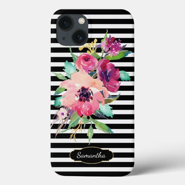 Floral auf Streifen mit Monogramm Case-Mate iPhone Hülle (Rückseite)
