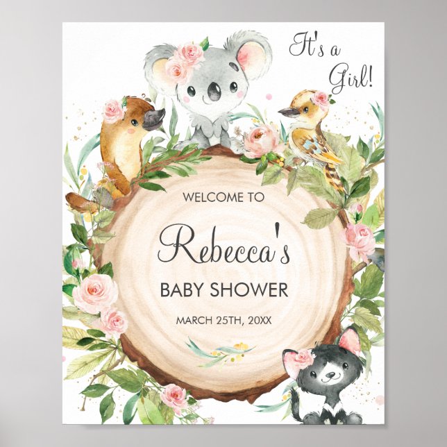 Floral Australian Animals Baby Dusche Willkommen Poster (Vorne)