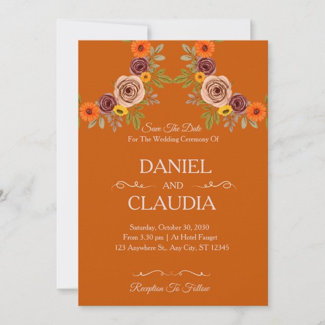 Floral Autumn Burnt Orange Wedding Invitation Einladung (Vorderseite)