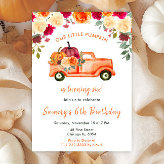 Floral Autumn Pumpkin Truck Birthday Party Einladung