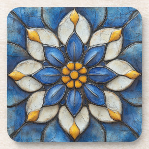 Floral Azulejo Blau Weiß und Gelb Getränkeuntersetzer