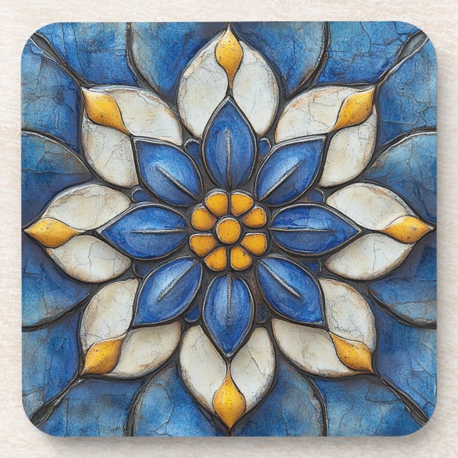 Floral Azulejo Blau Weiß und Gelb Getränkeuntersetzer (Vorderseite)