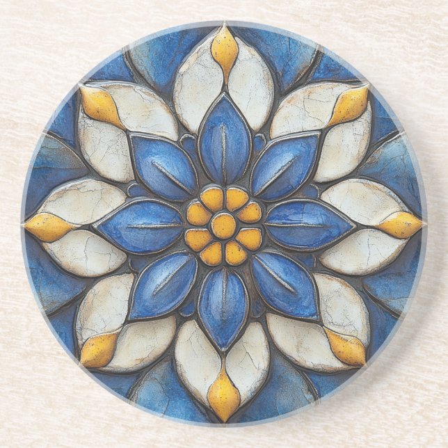Floral Azulejo Blau Weiß und Gelb Getränkeuntersetzer (Vorne)