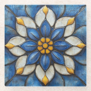 Floral Azulejo Blau Weiß und Gelb Glasuntersetzer
