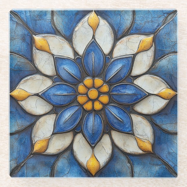 Floral Azulejo Blau Weiß und Gelb Glasuntersetzer (Vorderseite)