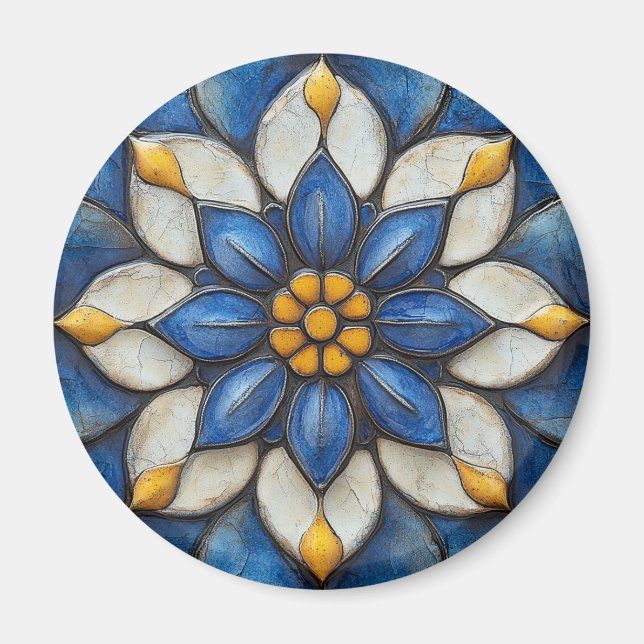 Floral Azulejo Blau Weiß und Gelb Magnet (Vorne)