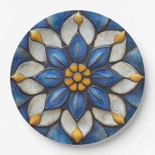 Floral Azulejo Blau Weiß und Gelb Pappteller