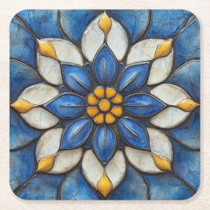 Floral Azulejo Blau Weiß und Gelb Rechteckiger Pappuntersetzer