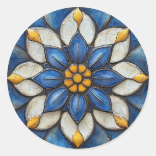 Floral Azulejo Blau Weiß und Gelb Runder Aufkleber