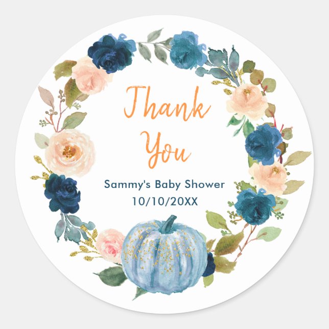 Floral Baby Blue Pumpkin Baby Dusche Danke Runder Aufkleber (Vorderseite)