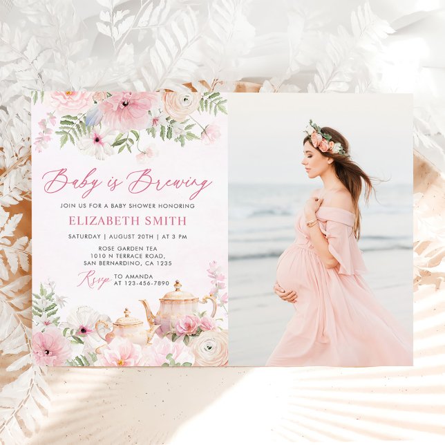 Floral Baby Brewing Tee Party Baby Shower Foto Einladung (Von Creator hochgeladen)