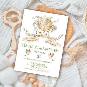 Floral Baby Carriage Watercolor Babydusche Einladung