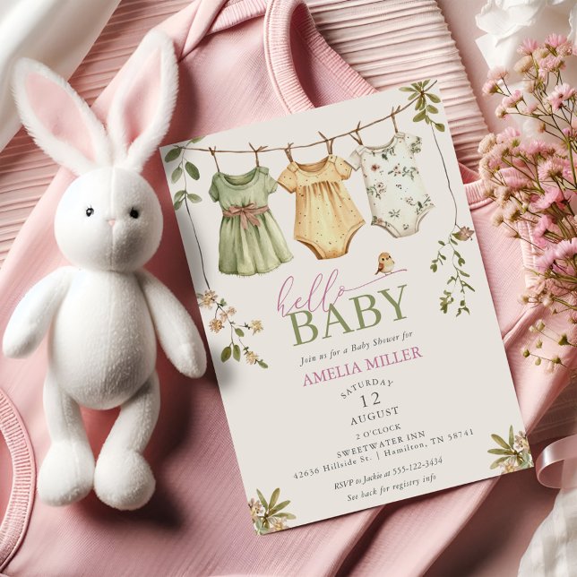 Floral Baby Clothesline Hello Baby Baby Shower Einladung (Floral Baby Clothesline Hello Baby Baby Shower Invitation)