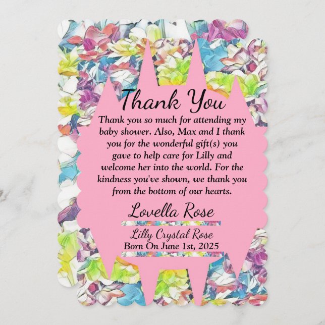Floral Baby Dusche Danke Karte mit Pink (Vorne/Hinten)