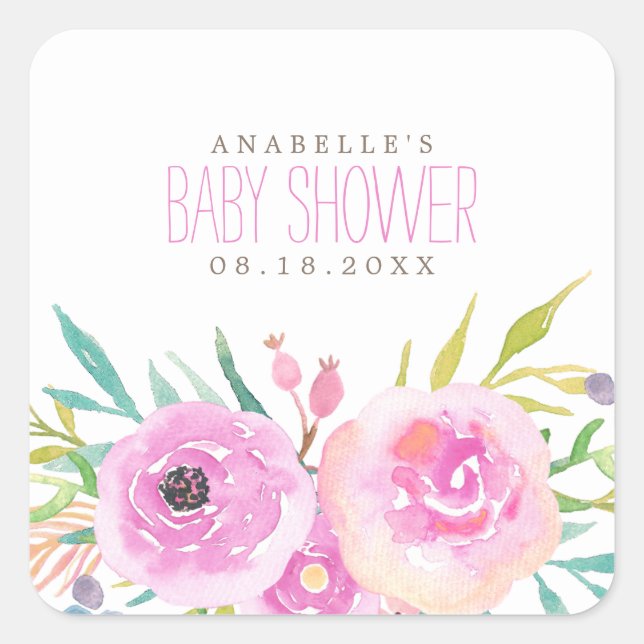 Floral Baby Dusche Quadratischer Aufkleber (Vorderseite)