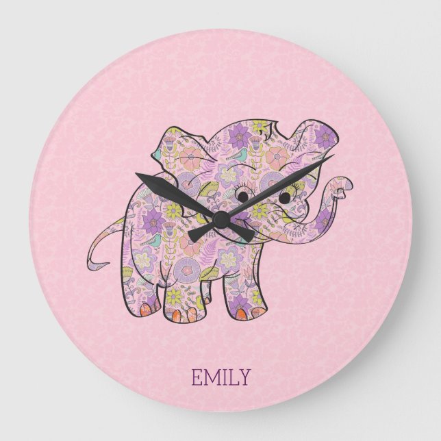 Floral Baby Elephant auf rosa Damaske Große Wanduhr (Vorderseite)