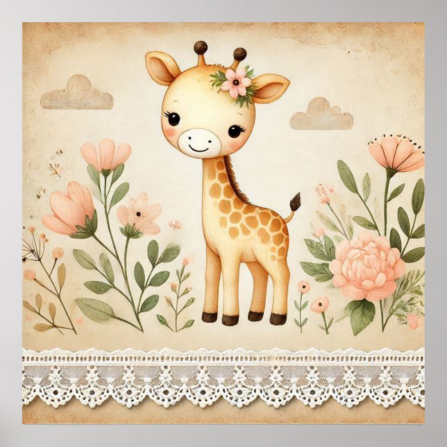 Floral Baby Giraffe Kinderzimmer Poster (Vorne)