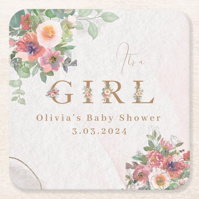 Floral Baby Girl Dusche Rechteckiger Pappuntersetzer (Vorderseite)