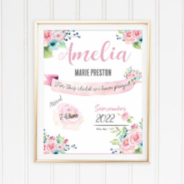 Floral Baby Girl Watercolor Geburtsstatistik Rosa Poster