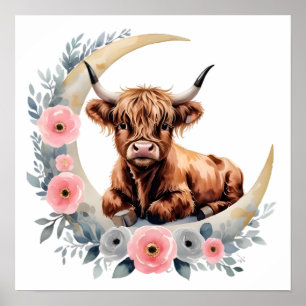 Floral Baby Highland Cow Kinderzimmer Print Poster