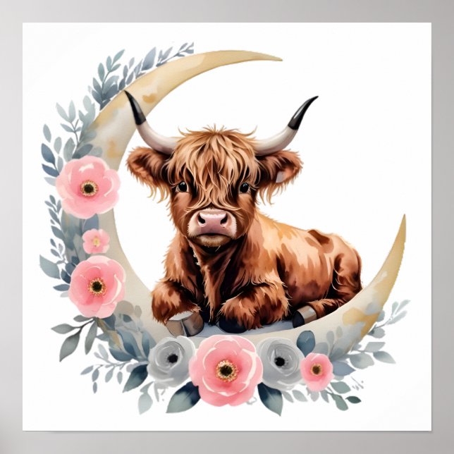 Floral Baby Highland Cow Kinderzimmer Print Poster (Vorne)