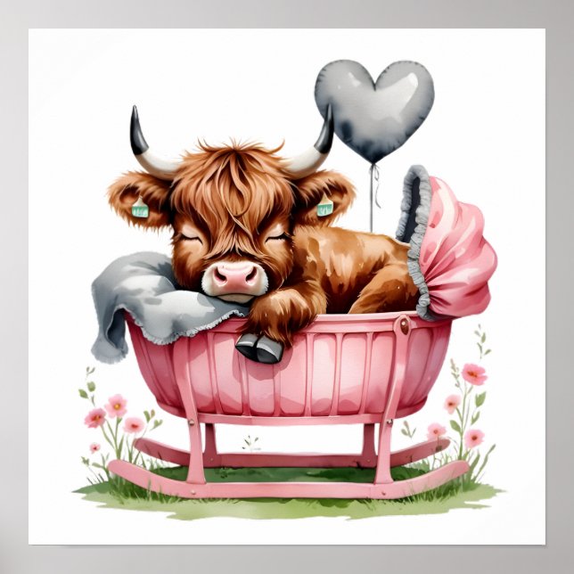 Floral Baby Highland Cow Kinderzimmer Print Poster (Vorne)