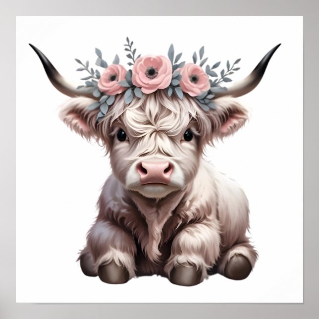 Floral Baby Highland Cow Kinderzimmer Print Poster (Vorne)