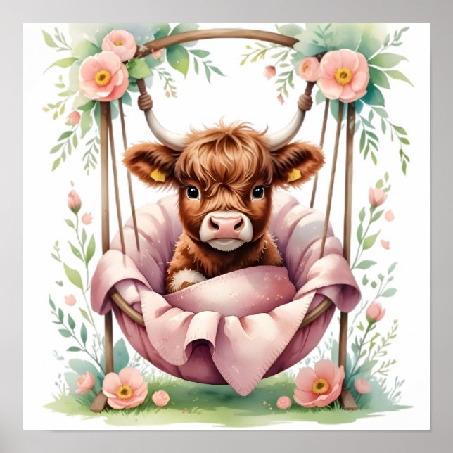 Floral Baby Highland Cow Nursery Print Poster (Vorne)