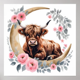 Floral Baby Highland Cow Nursery Print Poster