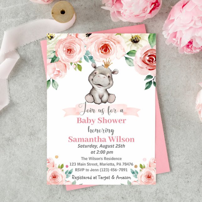 Floral Baby Hippo Princess Baby Dusche Einladung (Von Creator hochgeladen)