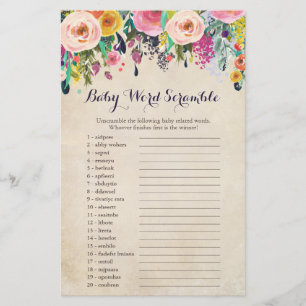 Floral Baby Shooter Word Scramble Game Cards