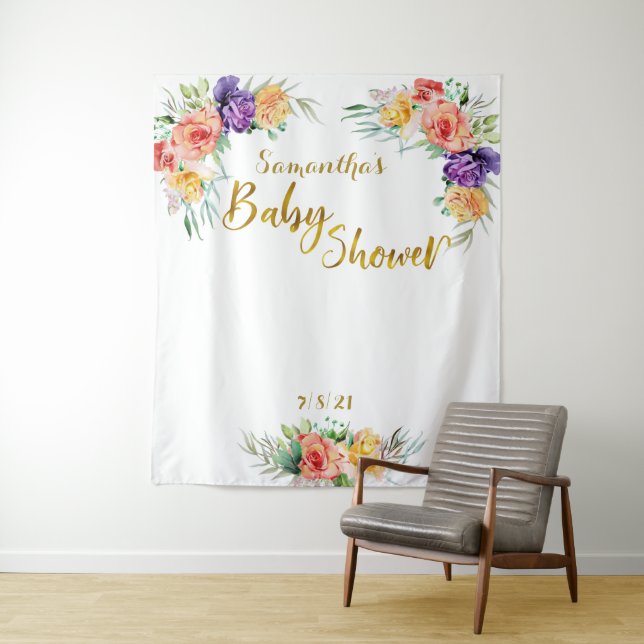 Floral Baby Shower Gold Background Foto Stand Wandteppich (Beispiel)