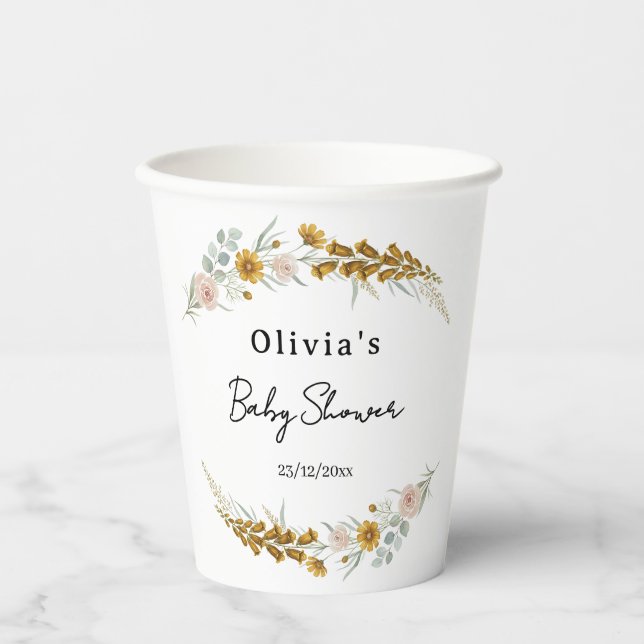 Floral Baby Shower yellow wildflower watercolor Pappbecher (Vorderseite)