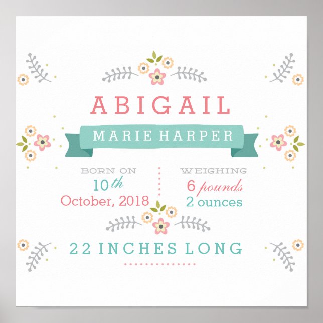 Floral Baby Stats Poster (Vorne)