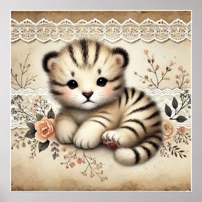 Floral Baby Tiger Kinderzimmer Poster (Vorne)