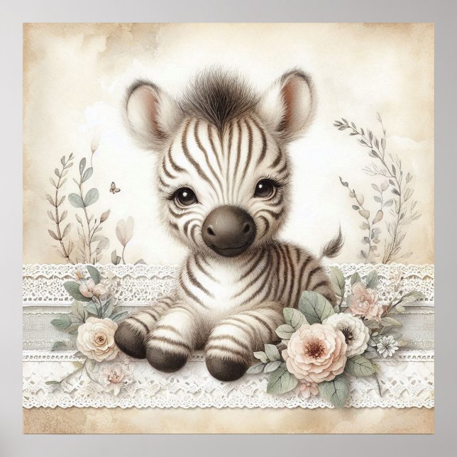 Floral Baby Zebra Kinderzimmer Poster (Vorne)