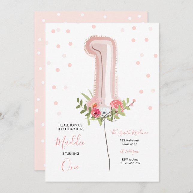 Floral Balloon Erster Geburtstag Einladung Pink Gi (Vorne/Hinten)