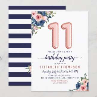 Floral Balloon Rose Gold Blush Navy 11. Geburtstag Einladung
