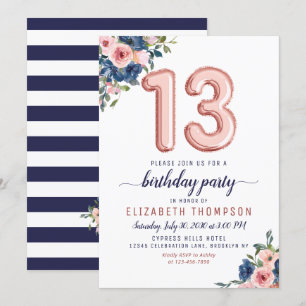 Floral Balloon Rose Gold Blush Navy 13. Geburtstag Einladung