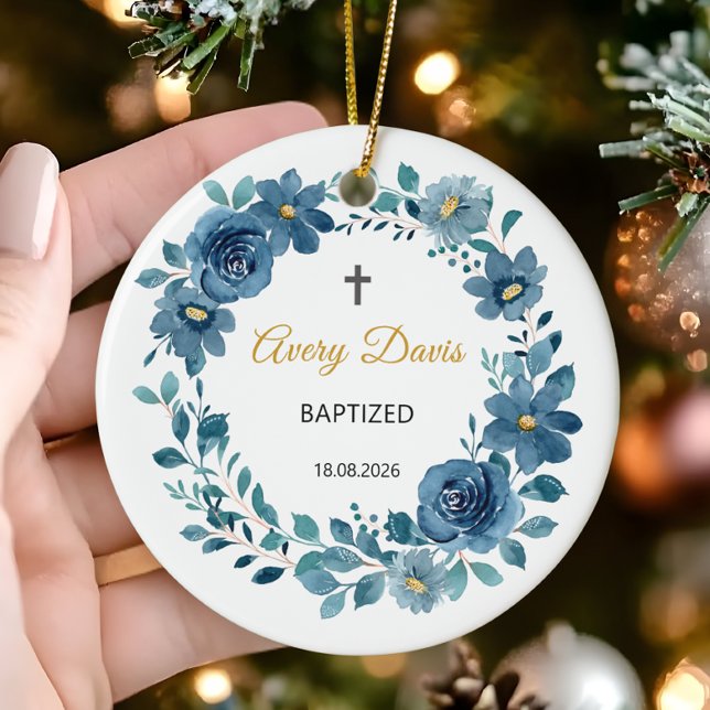 Floral Baptized Personalisiert Name and Date Keramik Ornament (Von Creator hochgeladen)