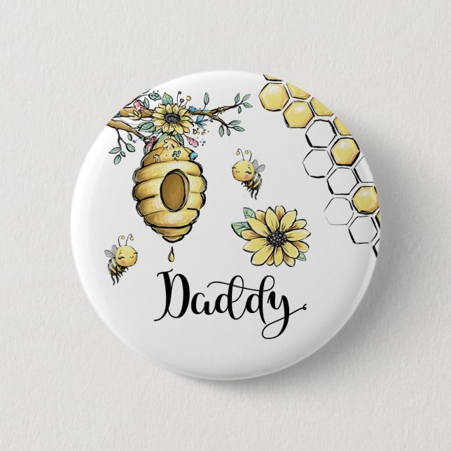 Floral Beehive Honey Sweet Bee Baby Shower Daddy Button (Vorderseite)