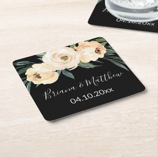 Floral Beige Black Wedding Rechteckiger Pappuntersetzer (angewinkelt)
