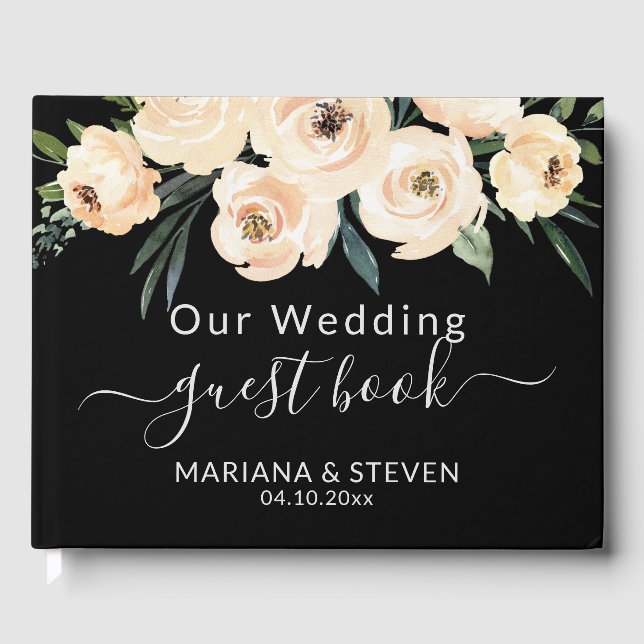 Floral Beige Blush auf Black Wedding Gästebuch (Vorderseite)