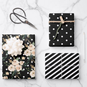 Floral Beige Blush auf Schwarze Hochzeit Geschenkpapier Set