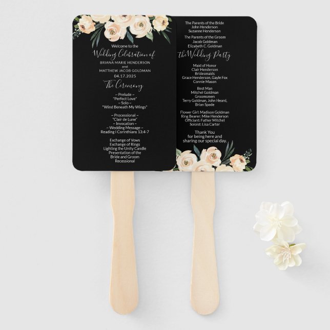 Floral Beige Blush Black Wedding Programm Fächer (Vorne und Hinten)