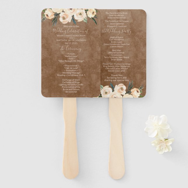 Floral Beige Brown Hochzeitsprogramm Hand Fan Fächer (Vorne und Hinten)