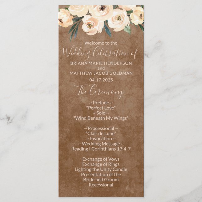 Floral Beige Brown Wedding Program Programm (Vorderseite)