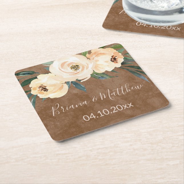 Floral Beige Brown Wedding Rechteckiger Pappuntersetzer (angewinkelt)