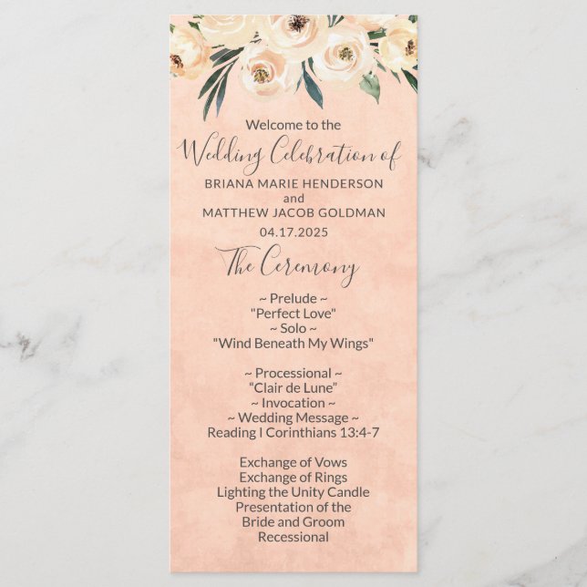 Floral Beige Pink Hochzeitsprogramm Programm (Vorderseite)