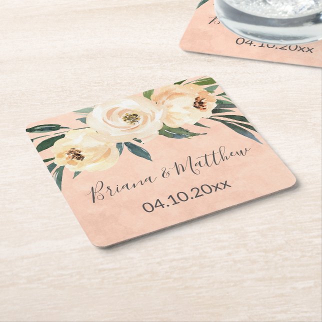 Floral Beige Pink Wedding Rechteckiger Pappuntersetzer (angewinkelt)
